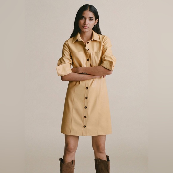 Mango Yellow Faux Leather Shirt Dress sz 2 - Picture 4 of 12